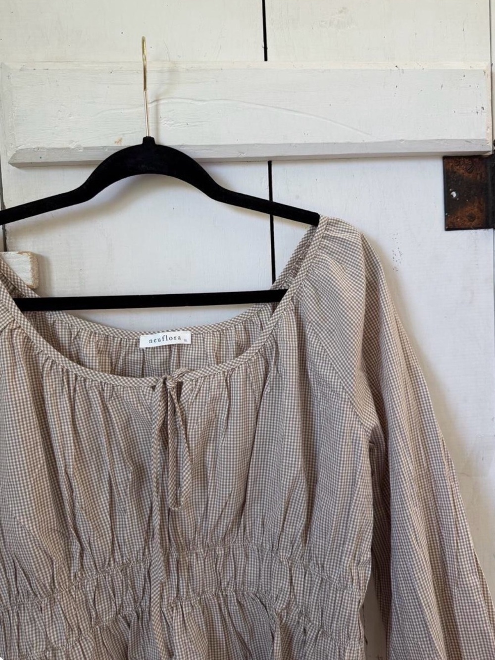 Neuflora Beige Gingham Peasant Blouse
